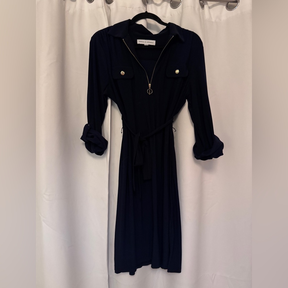 Emma & Michele navy stretch dress, long sleeve with tie waist, size L